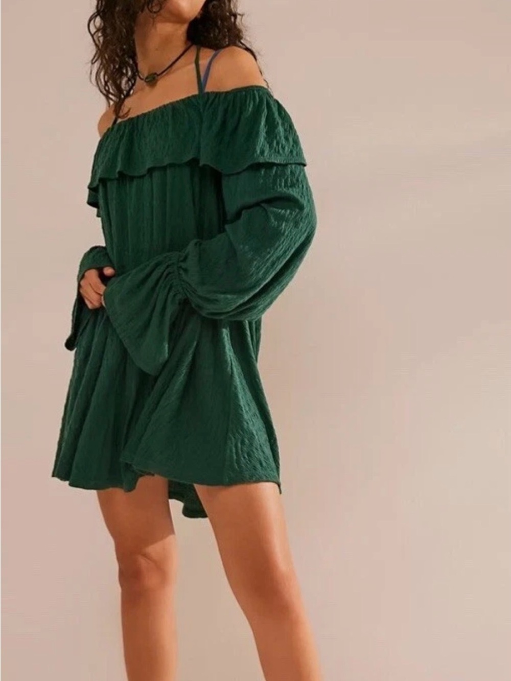 Free People Beach Medium Hayden Off Shoulder Mini Dress Ruffles Emerald Green M